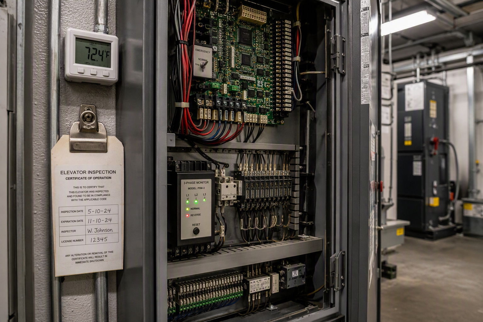 Elevator machine room solid-state controller panel showing wiring and inspection tag, relevant to ASME A17.1 2027 machine room temperature and remote monitoring requirements