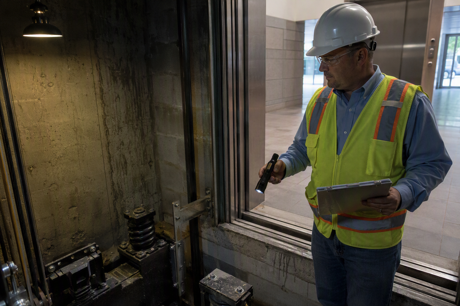Elevator inspector examining hoistway pit during annual compliance inspection in Dallas TX building under Texas TDI elevator safety program enforcement