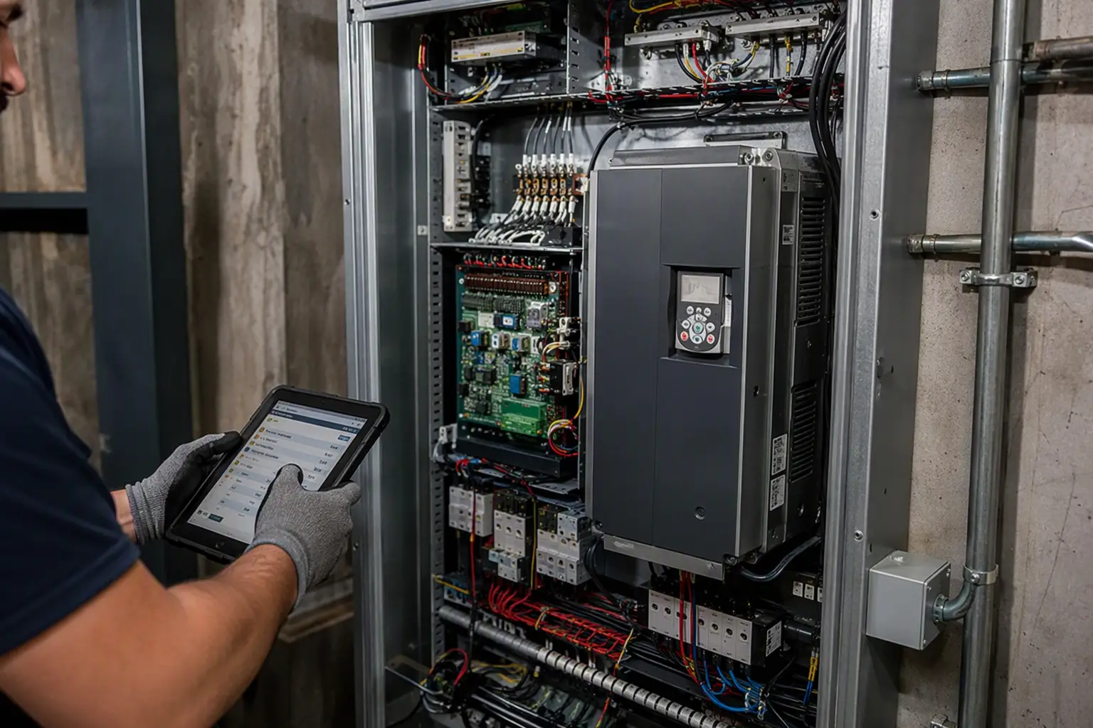 Variable-frequency drive controller in a Dallas elevator machine room illustrating the capital improvement vs. repair classification for IRS tax purposes
