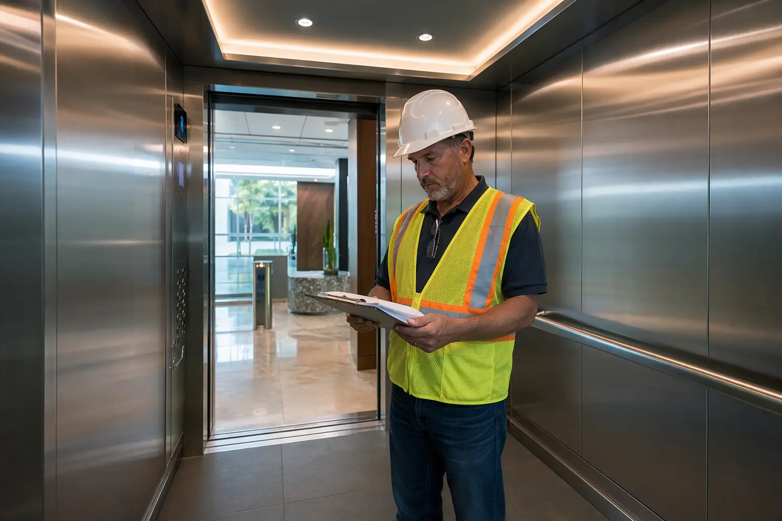 Elevator inspector completing final placed-in-service inspection of a modernized cab in a Los Angeles office building to confirm year-end tax qualification