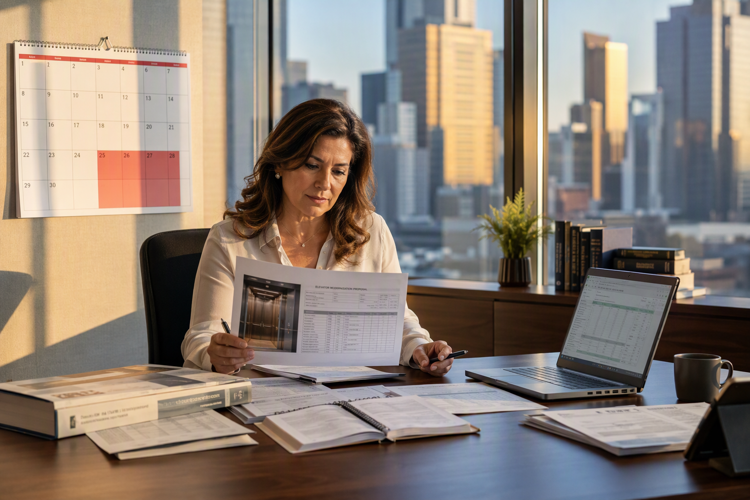 Building manager reviewing elevator modernization proposal and year-end tax deadline calendar in a Houston high-rise office to plan same-year deductions