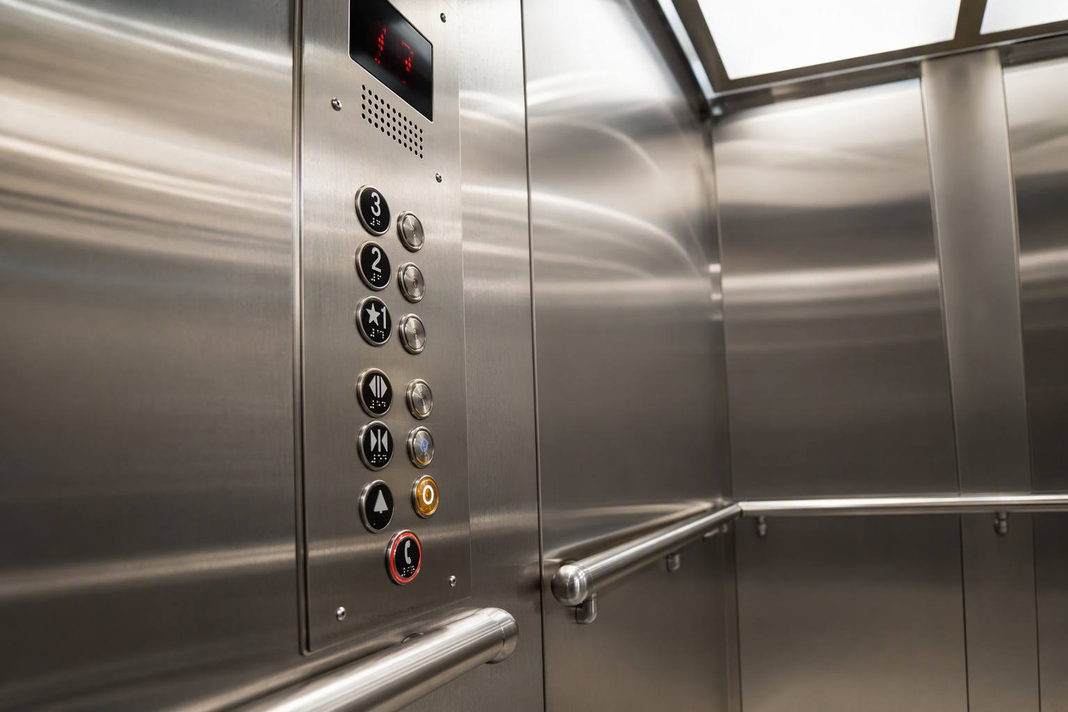 ADA elevator cab control panel with Braille buttons, raised characters, and two-way emergency communication system meeting federal ADA accessibility requirements