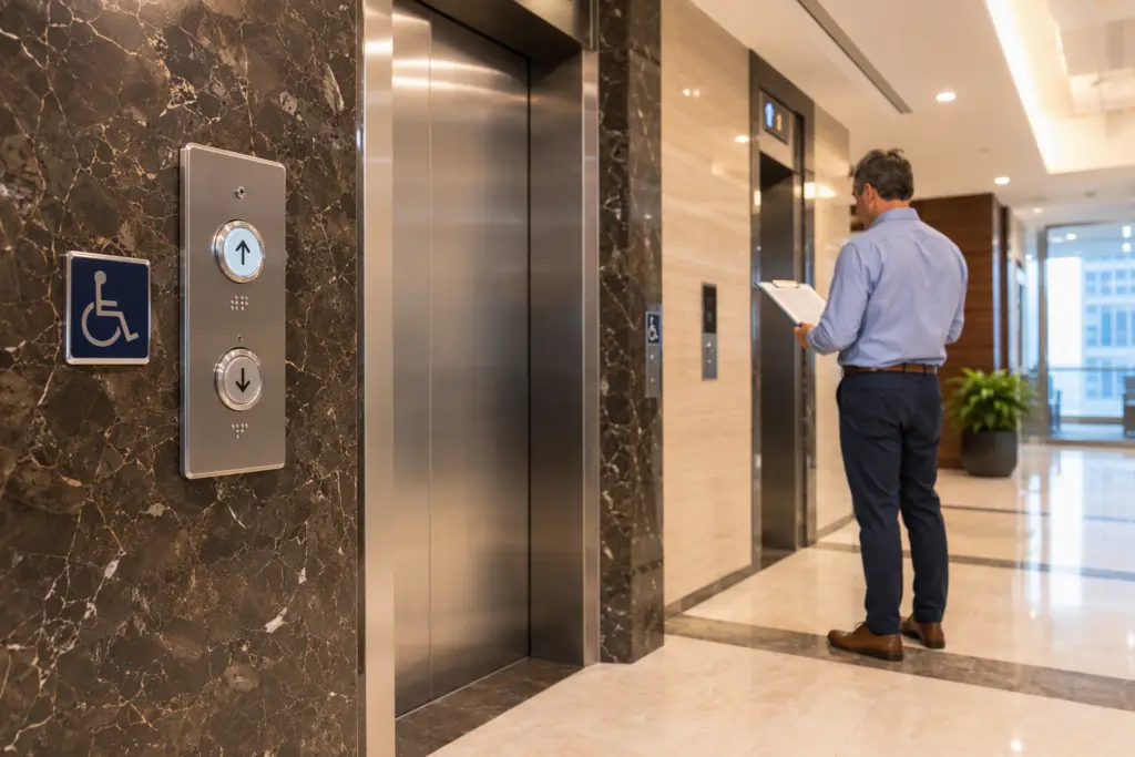 ADA-compliant elevator hall call buttons with Braille and raised characters in a Houston TX commercial office building lobby meeting elevator code requirements