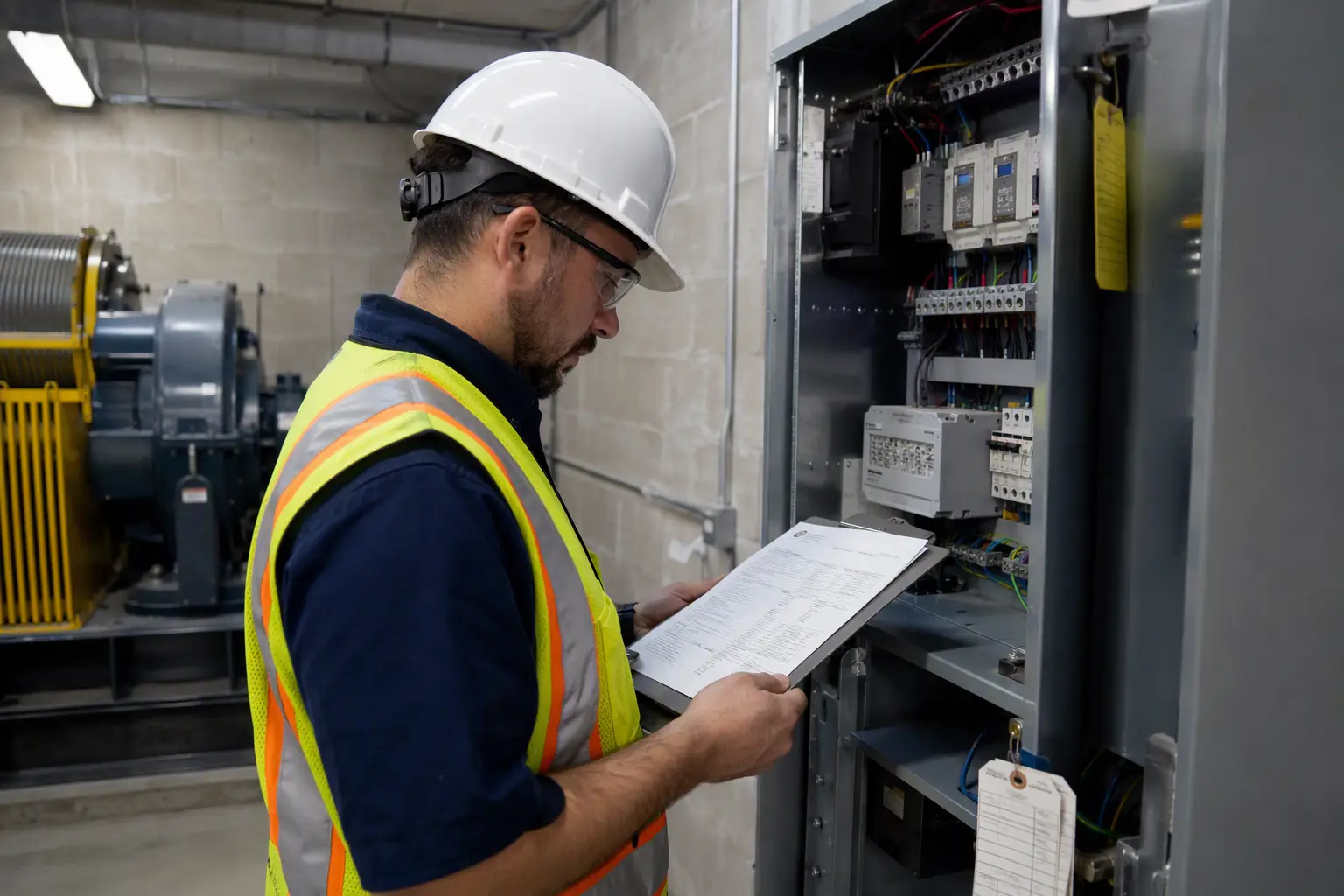 Elevator inspector reviewing ASME A17.1 code compliance documentation and inspection certificate in a Houston TX commercial building machine room