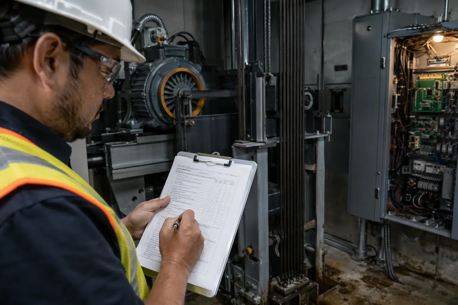 TDLR-registered elevator inspector reviewing compliance paperwork in a Texas commercial building machine room with traction drive equipment and controller cabinet visible.