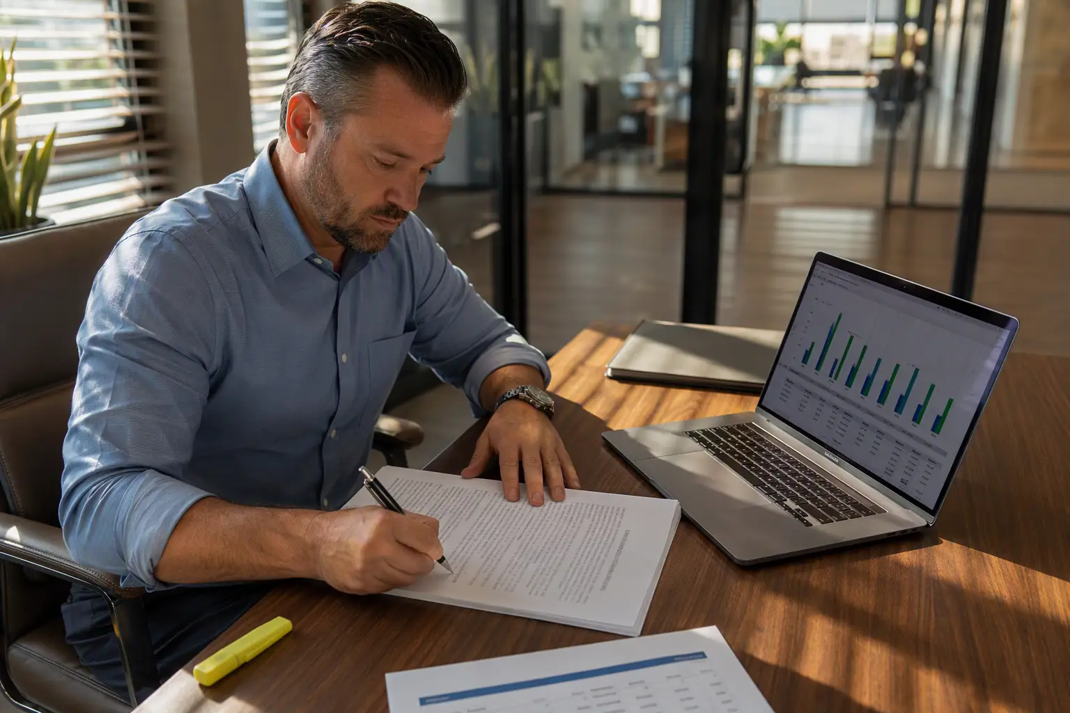 Facilities director signing a full elevator maintenance contract at a conference table, a strategy that supports California and Texas elevator compliance funding decisions and Cal/OSHA two-year permit