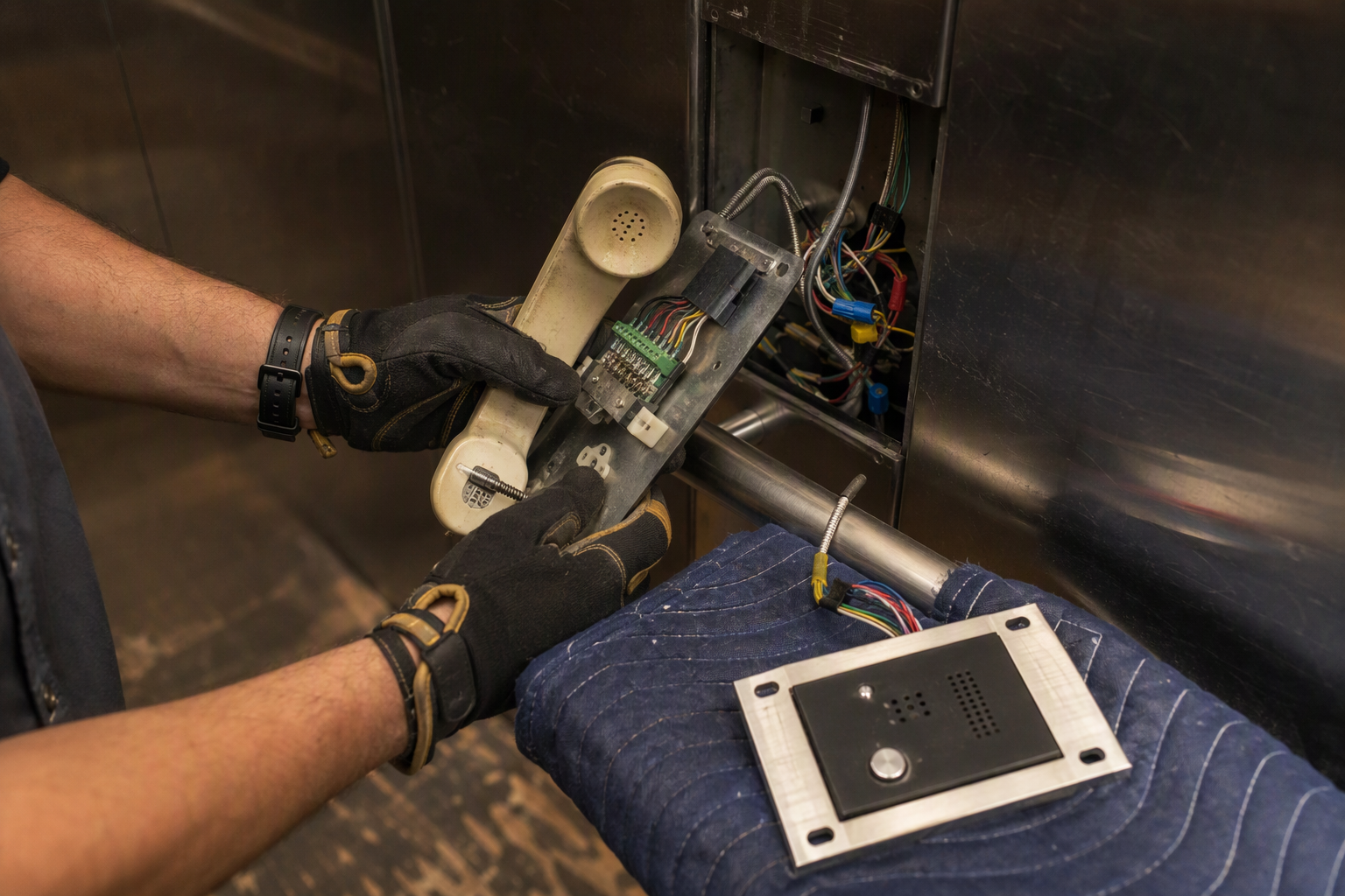 Licensed elevator technician replacing an outdated emergency handset with a modern two-way communication device inside a commercial elevator cab in Dallas TX