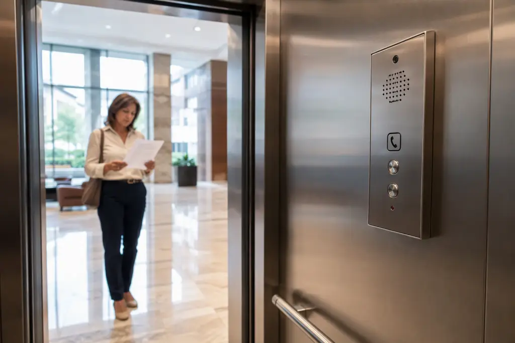 Building manager reviewing an elevator maintenance contract while a two-way emergency phone panel is visible inside the cab — elevator phone replacement compliance, Houston TX