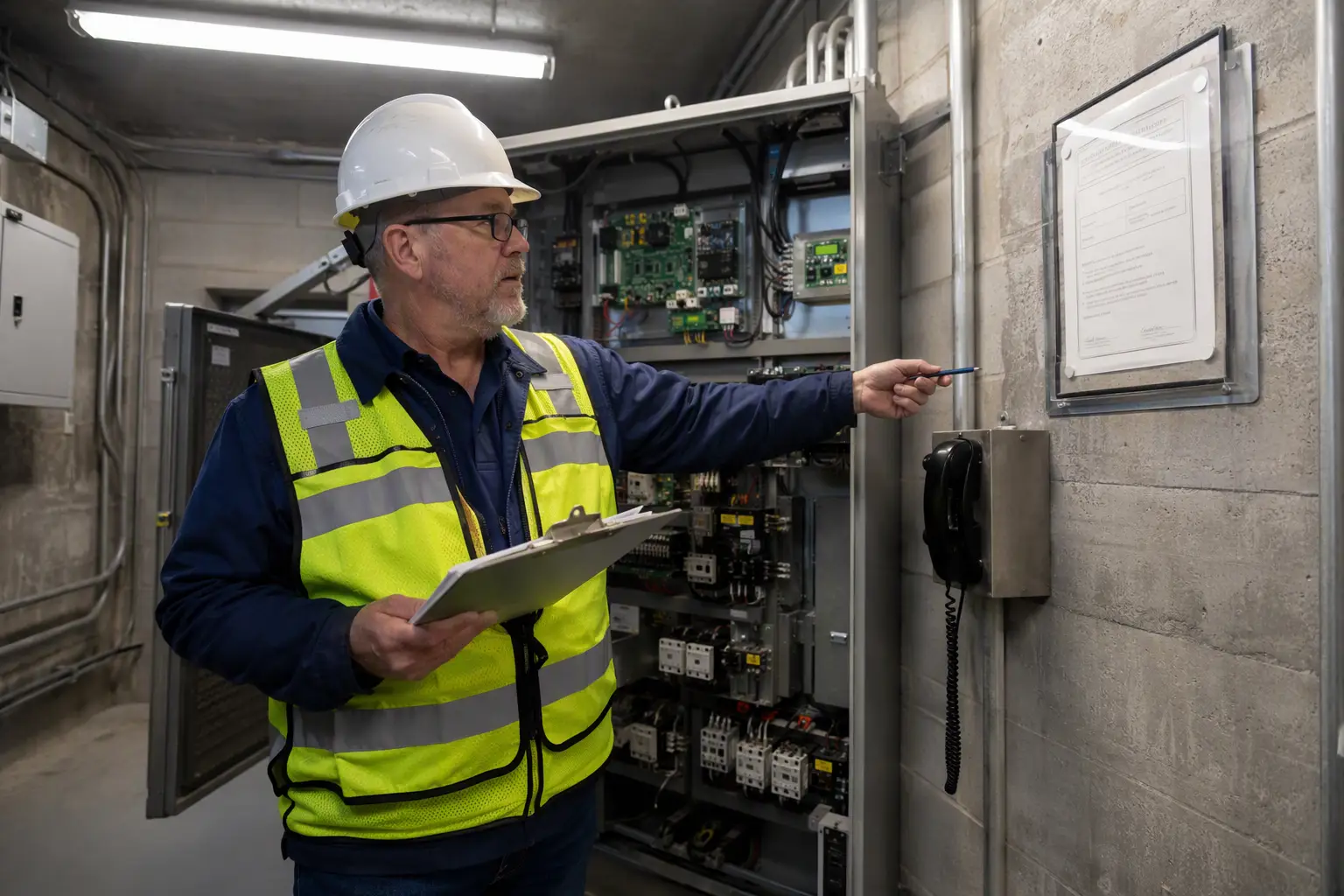 State elevator inspector reviewing emergency communication compliance in a commercial building machine room in San Antonio TX, noting phone requirements under Texas TDLR regulations