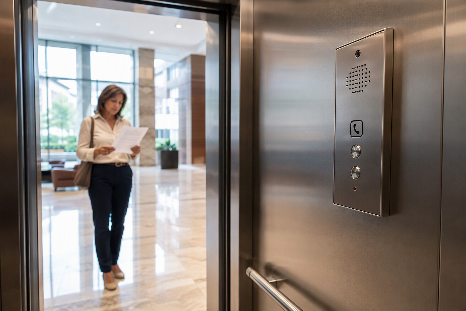Building manager reviewing an elevator maintenance contract while a two-way emergency phone panel is visible inside the cab — elevator phone replacement compliance, Houston TX