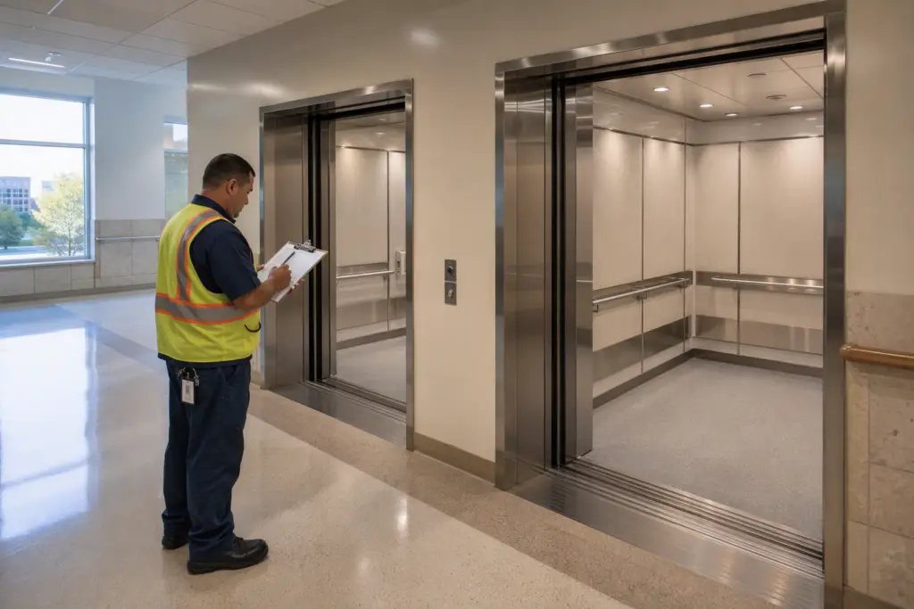Commercial elevator maintenance technician inspecting hospital elevator lobby with stainless-steel cab doors open in a modern Texas healthcare facility