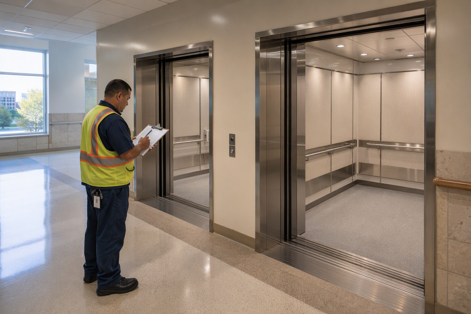 Commercial elevator maintenance technician inspecting hospital elevator lobby with stainless-steel cab doors open in a modern Texas healthcare facility