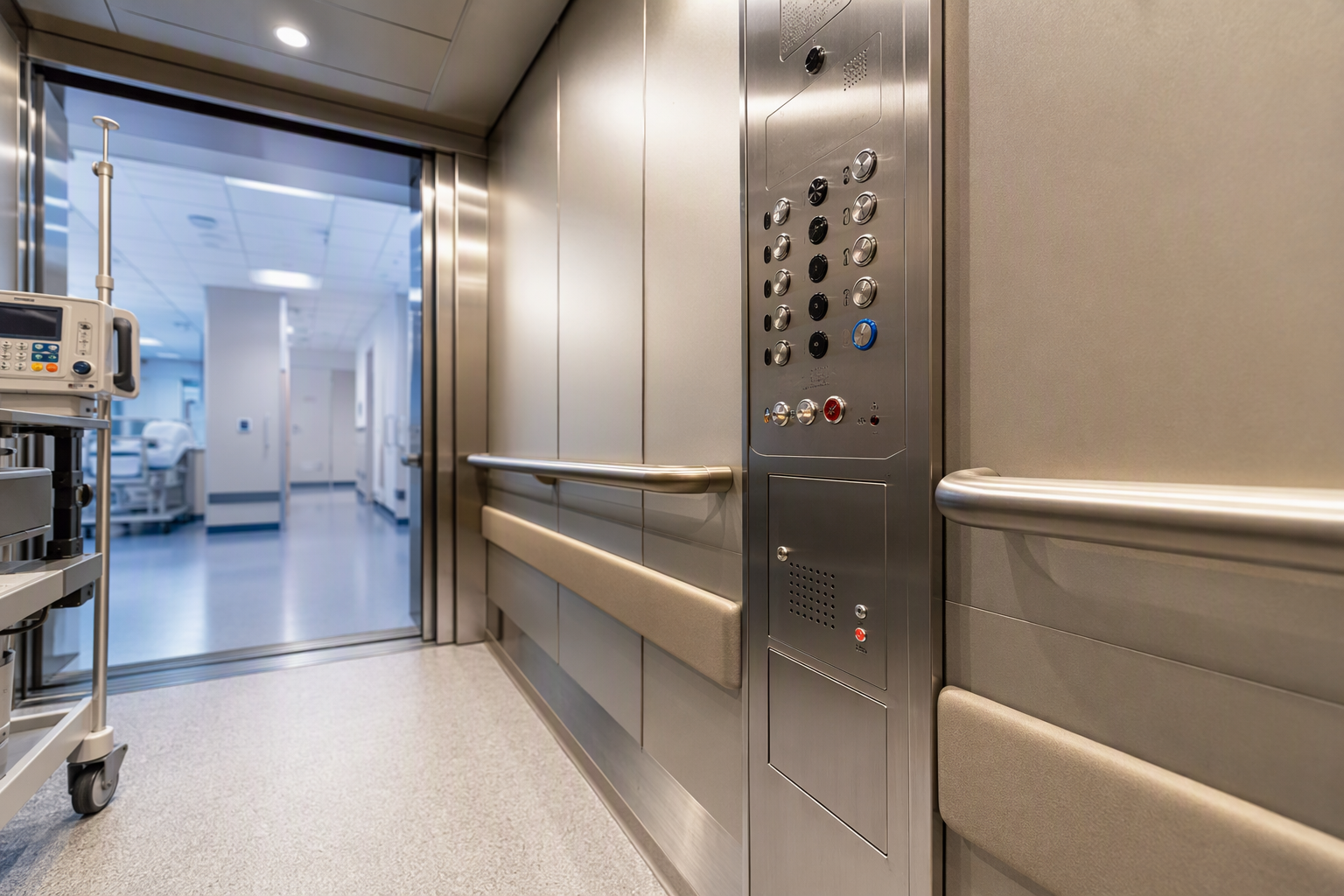ADA-compliant hospital elevator cab interior with stainless handrails, tactile Braille controls, and antimicrobial wall panels meeting commercial elevator maintenance standards