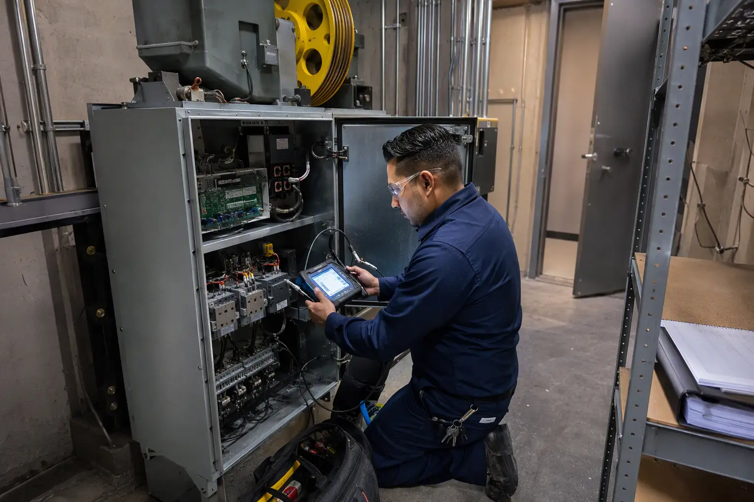 Elevator maintenance technician diagnosing commercial elevator controller in a healthcare building machine room during a scheduled commercial elevator maintenance inspection