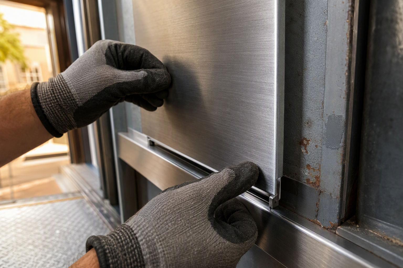 Elevator technician fitting a new brushed-stainless wall panel into base trim inside a Dallas residential elevator cab during interior cabin wall replacement.