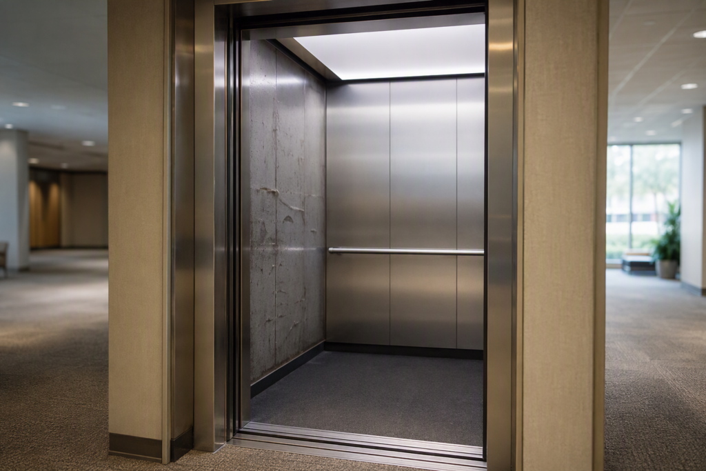 Elevator cab interior mid-renovation showing a new satin-stainless wall panel installed beside an original worn panel in a Houston commercial office building.