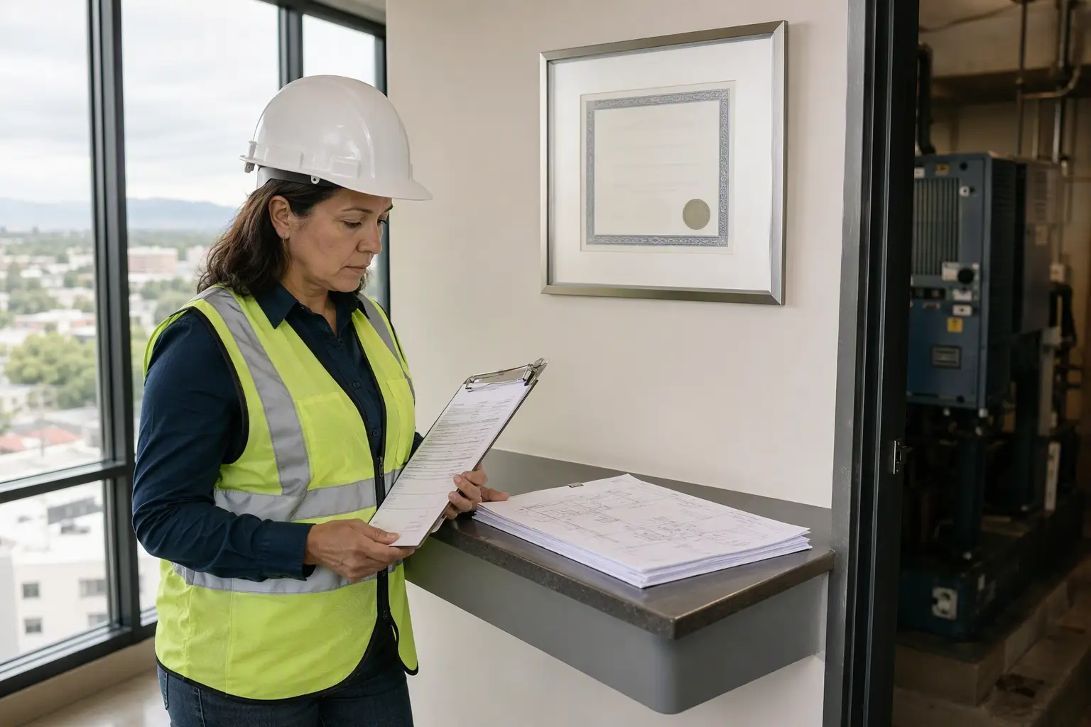Elevator inspector reviewing alteration permit documents and engineering drawings in a Los Angeles building office beside a framed elevator operating certificate.