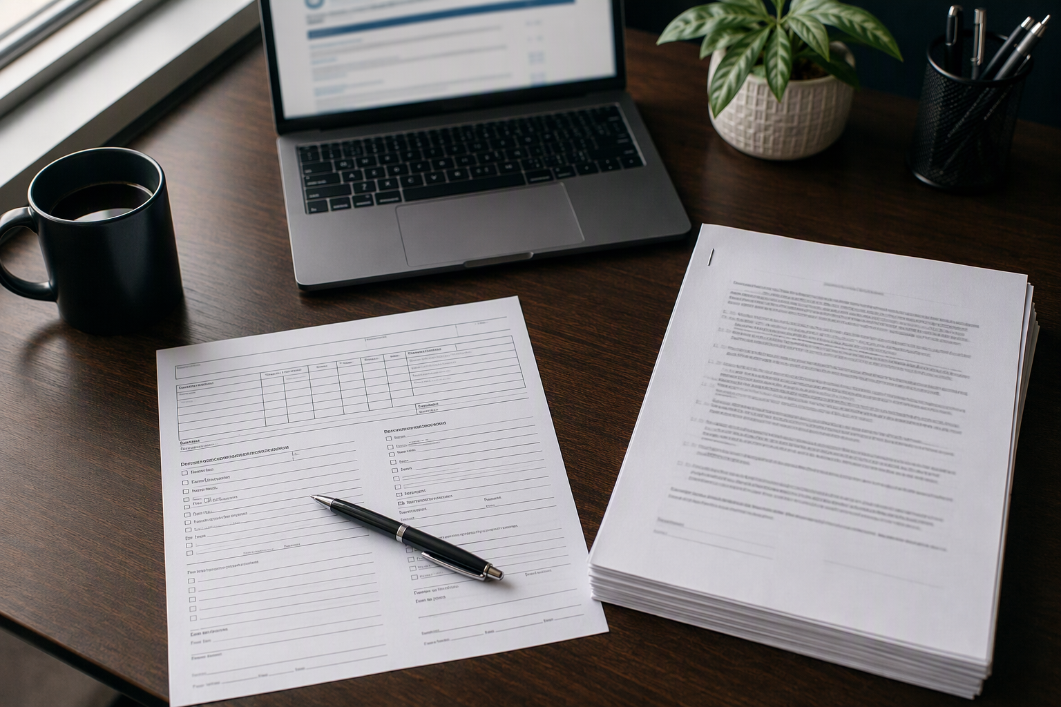 Overhead desk view comparing a single-visit elevator work order form and a full maintenance contract document side by side in a Texas property management office