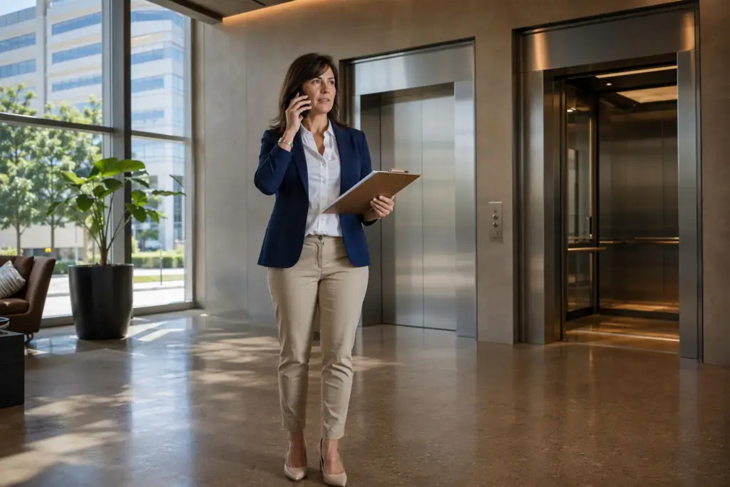 Property manager in Houston office lobby making a service call in front of stainless-steel elevator doors, reviewing paperwork without signing a new elevator service contract