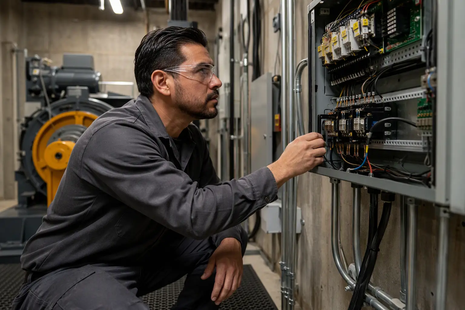 Licensed elevator technician inspecting a machine-room controller panel in a Los Angeles commercial building during a single-visit service call with no new contract required