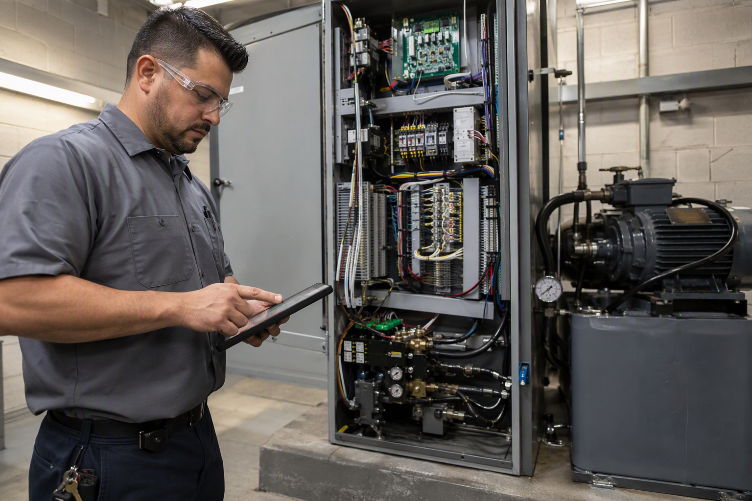 Elevator technician inspecting hydraulic elevator controller equipment in a Houston TX machine room during a commercial service call