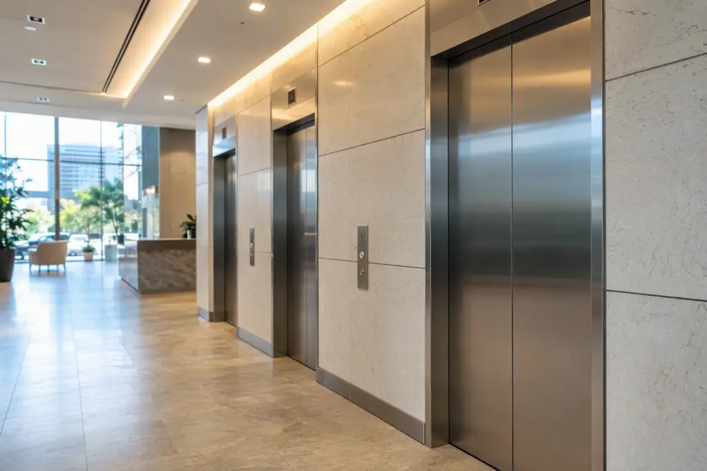 Commercial elevator bank with stainless steel doors in a Houston TX office building lobby served by AmeriTex Elevator maintenance and repair