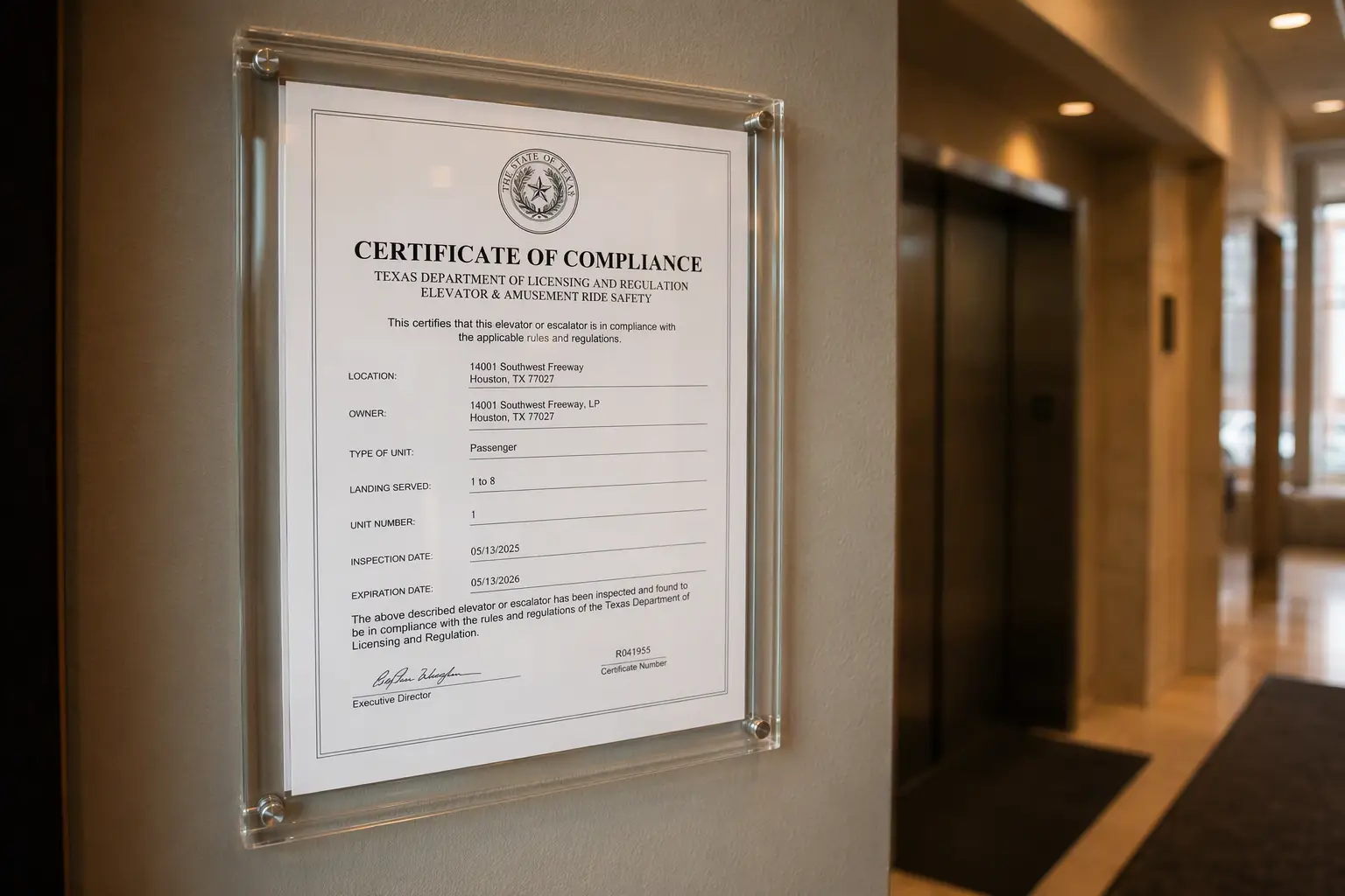 Texas elevator Certificate of Compliance posted in a Houston commercial building lobby as required by TDLR or City of Houston elevator safety regulations