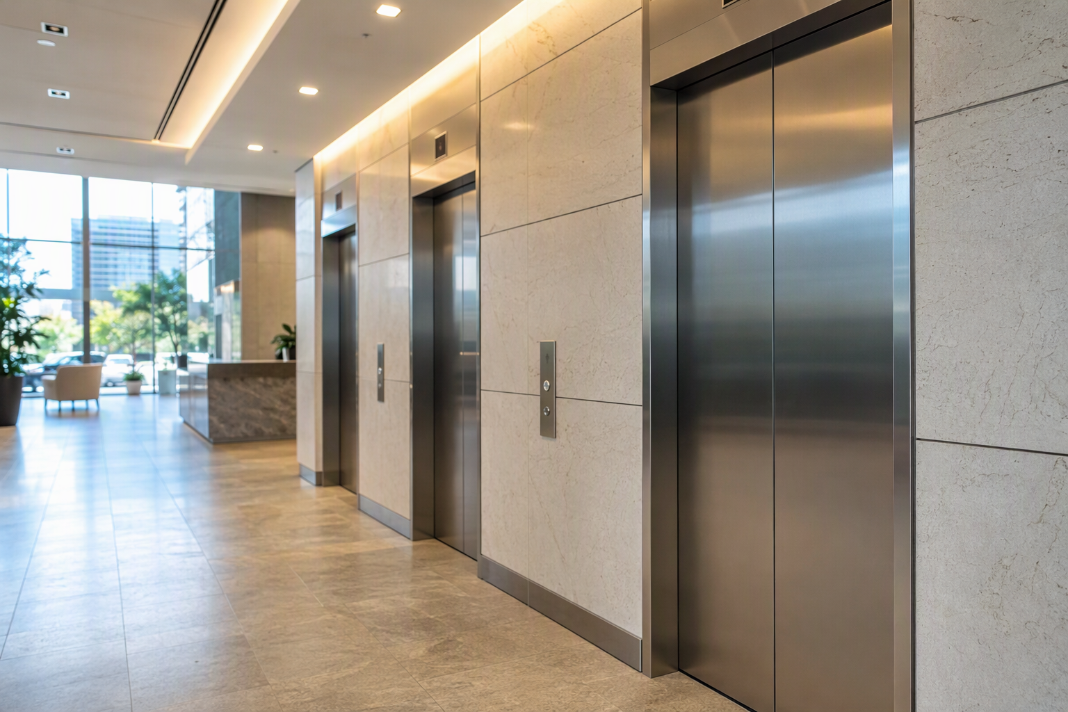 Commercial elevator bank with stainless steel doors in a Houston TX office building lobby served by AmeriTex Elevator maintenance and repair