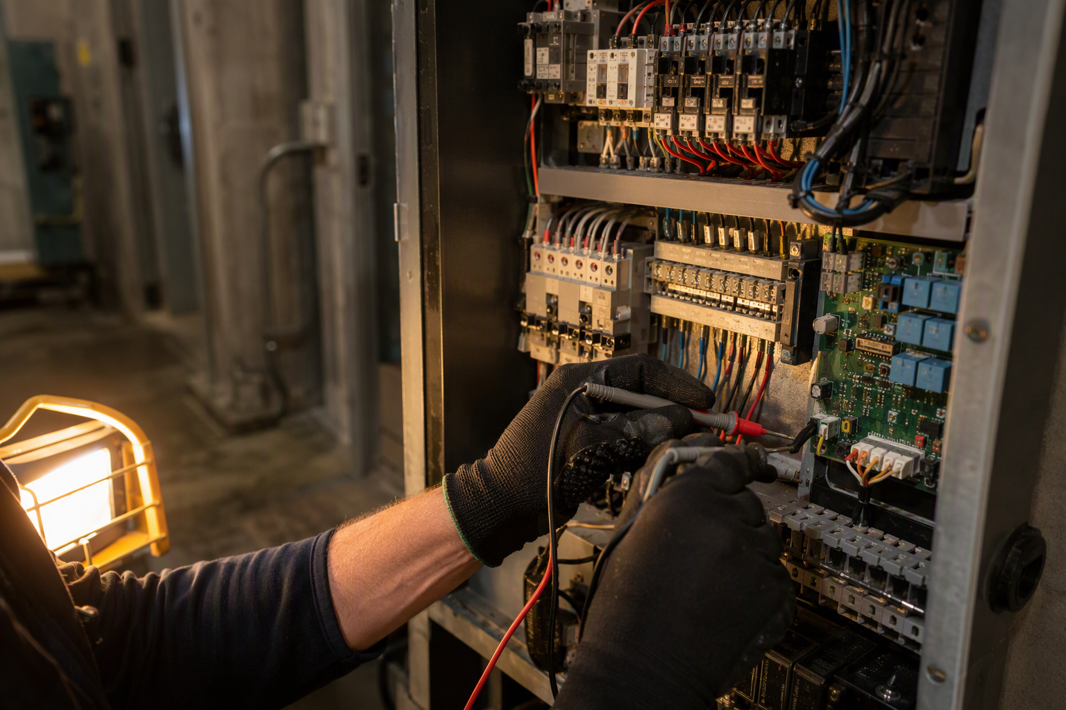 Elevator technician inspecting a traction elevator controller cabinet in a Texas hospital machine room for ASME A17.1-2016 code compliance upgrades.