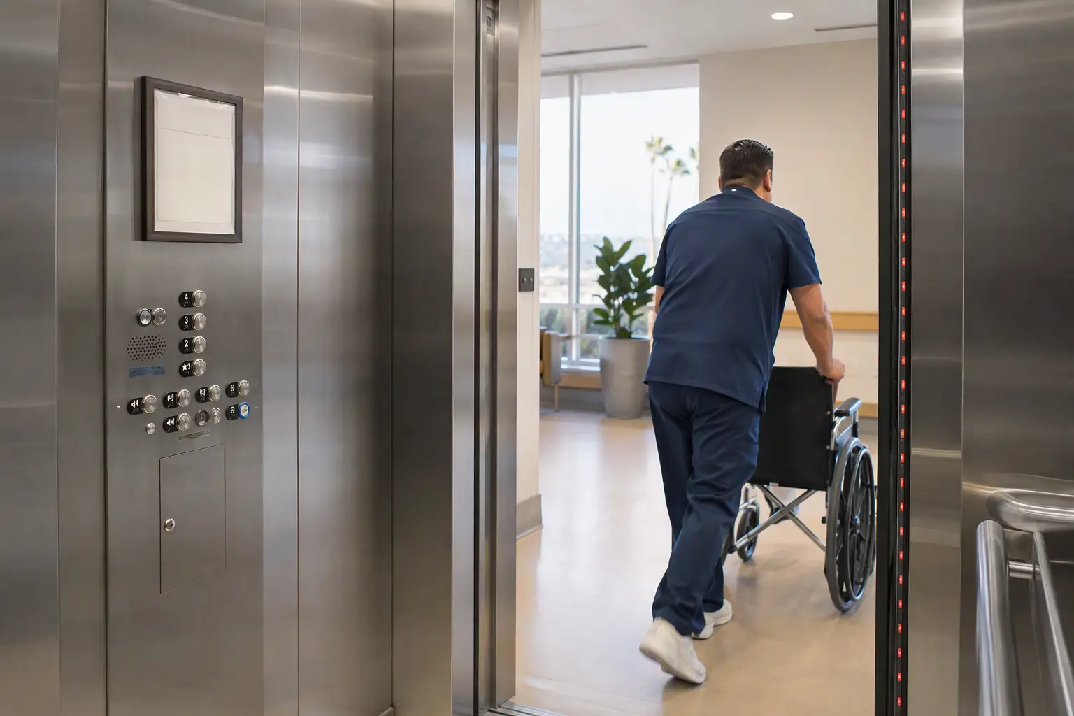 ADA-compliant hospital elevator cab in California with Cal/OSHA permit and door reopening sensors, showing required elevator code compliance upgrades for healthcare facilities.