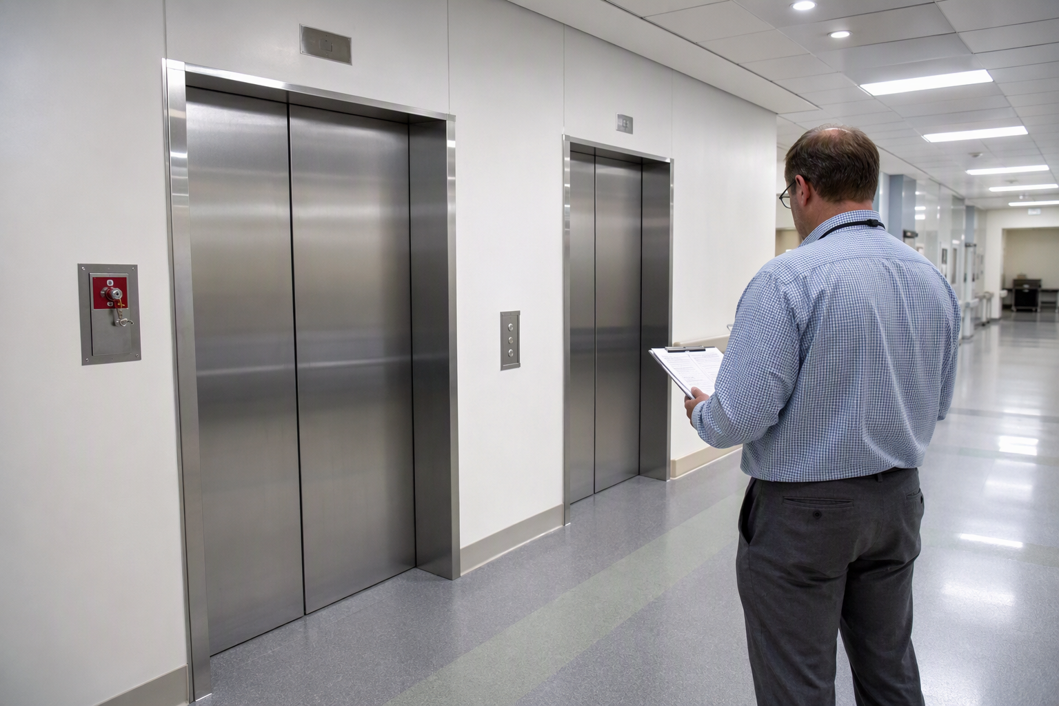 Hospital corridor in Texas showing two stainless-steel elevator doors with firefighters' emergency service key switch panel, required for healthcare facility elevator code compliance.