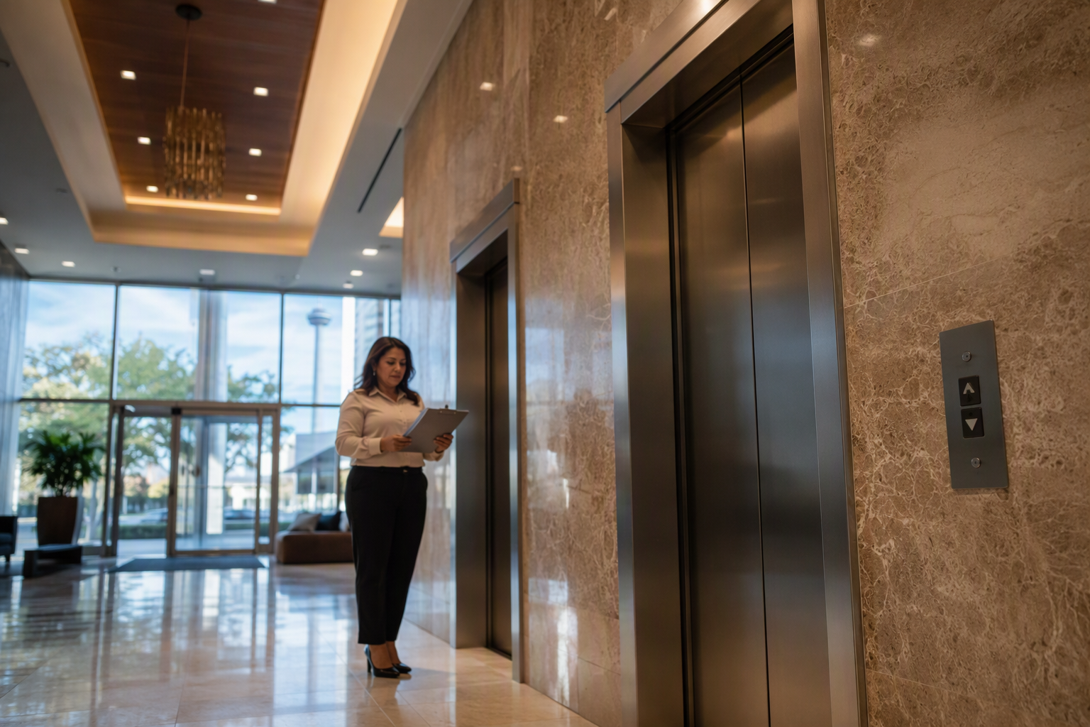 Building manager reviewing elevator inspection checklist in a San Antonio commercial office lobby with stainless-steel elevator doors, relevant to choosing elevator companies San Antonio.