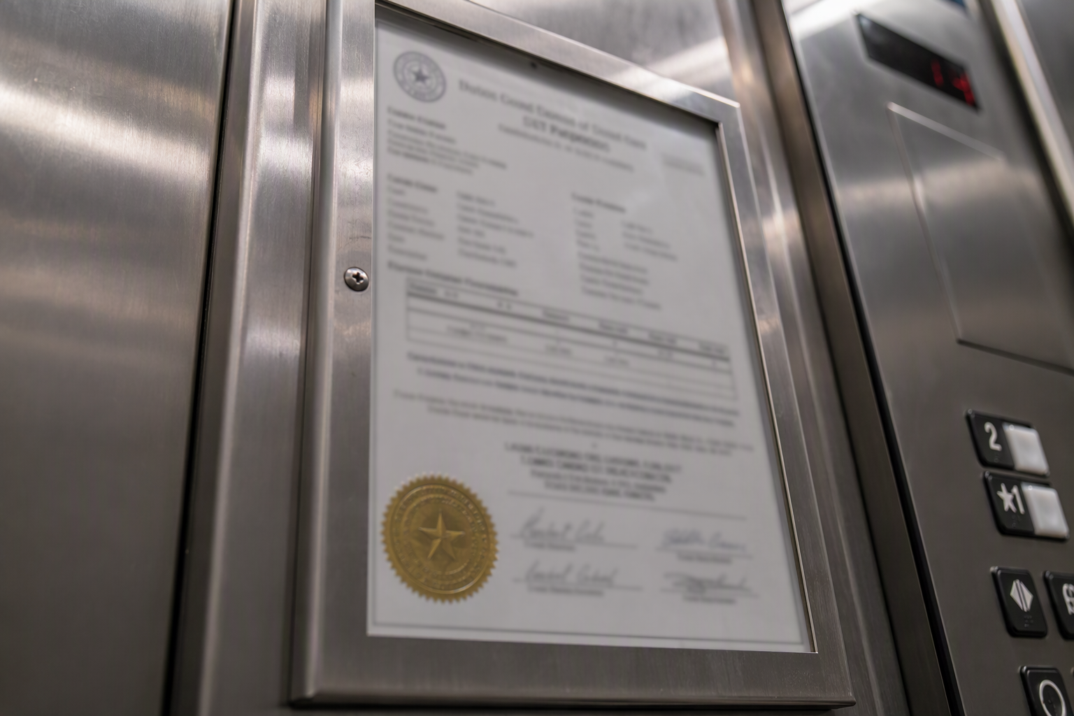 TDLR elevator inspection certificate mounted inside a San Antonio elevator cab, illustrating compliance requirements governing elevator companies in San Antonio under Texas Health and Safety Code.