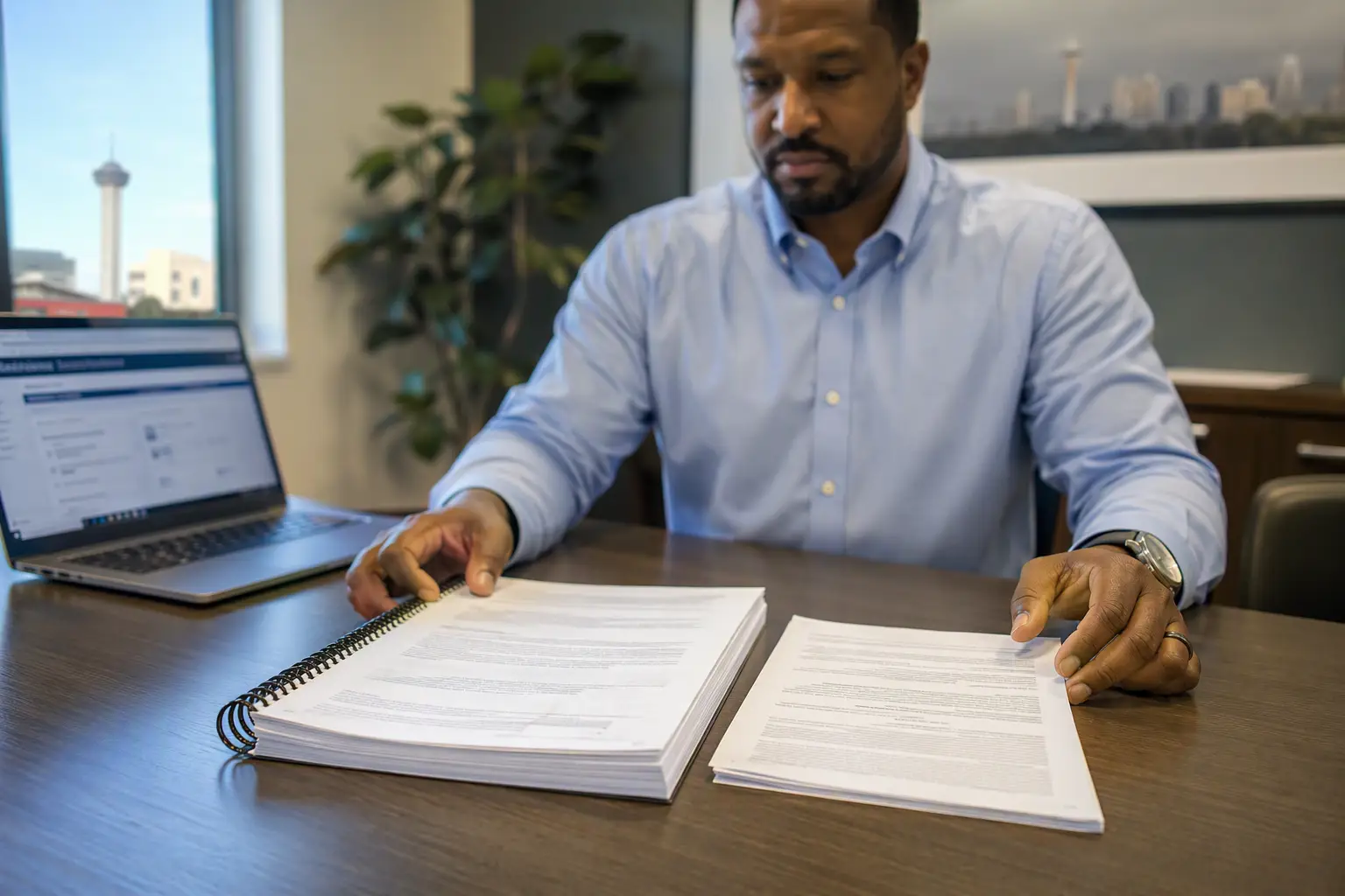Facilities director comparing elevator maintenance contracts from national OEM and regional independent elevator companies in San Antonio, evaluating service terms and TDLR compliance.