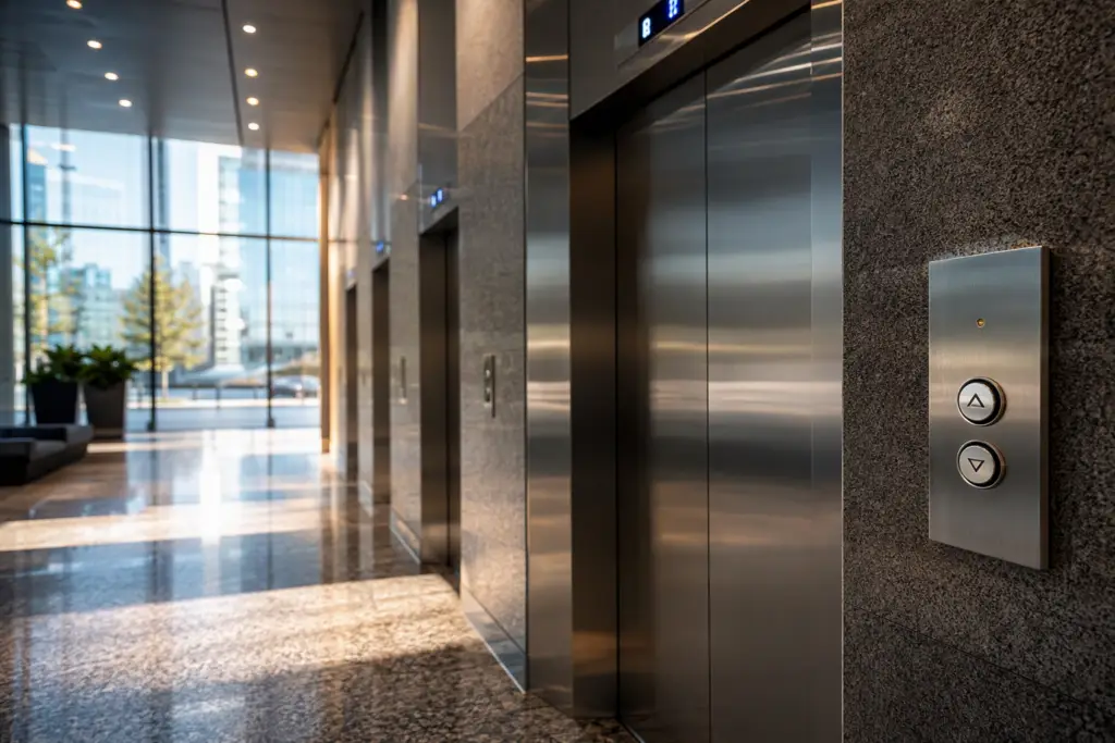Modern commercial elevator bank with stainless-steel doors and illuminated floor indicators in a Houston, Texas office building lobby, representing elevator companies in Texas.