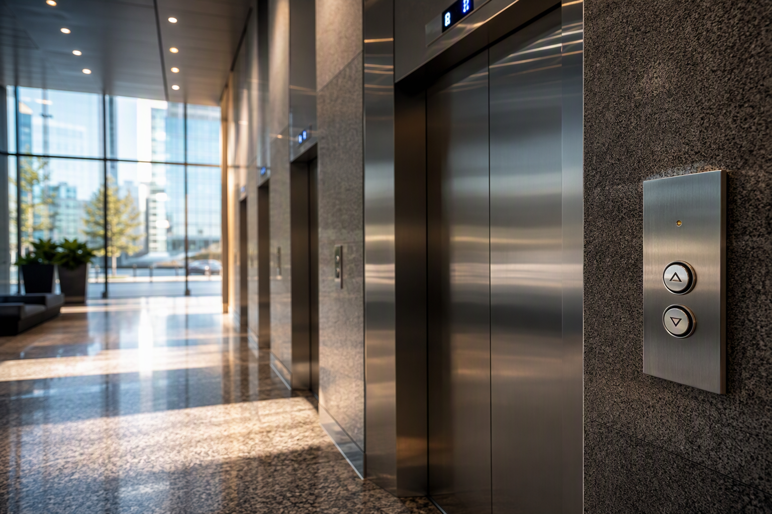 Texas Commercial Elevator Bank Modern commercial elevator bank with stainless-steel doors and illuminated floor indicators in a Houston, Texas office building lobby, representing elevator companies in Texas.