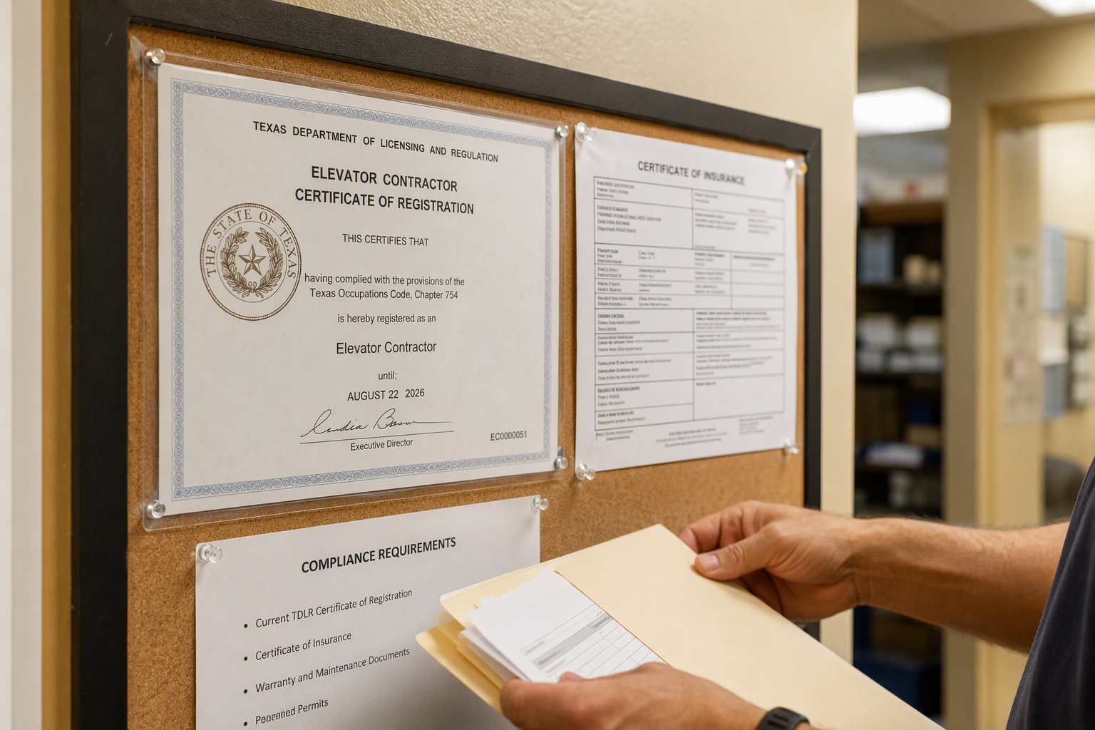 TDLR Elevator Contractor Registration Documents TDLR elevator contractor registration certificate and insurance documents reviewed by a building manager, illustrating legal requirements for elevator companies operating in Texas.