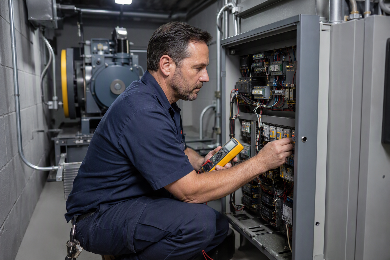 Elevator Machine-Room Inspection in Houston Elevator service technician inspecting a machine-room controller in a Houston Texas mid-rise building, reflecting ASME A17.1 compliance work performed by Texas elevator companies.