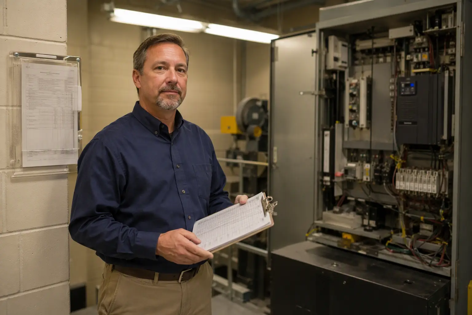 Licensed elevator inspector reviewing compliance documentation in a Texas commercial building machine room, supporting TDLR elevator code requirements for building owners.