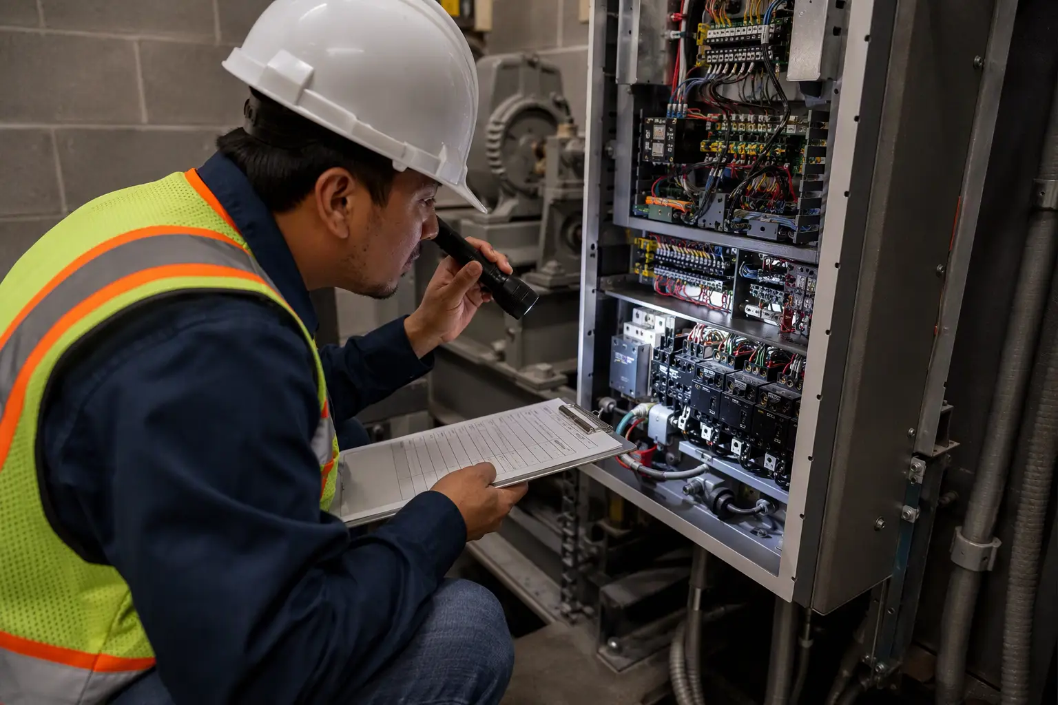 Annual Elevator Inspection – Houston Machine Room TDLR-registered elevator inspector reviewing controller components during an annual compliance inspection inside a Houston healthcare facility machine room