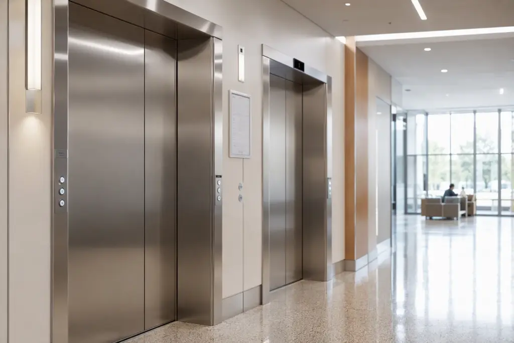Hospital elevator with stainless-steel doors and compliance certificate in a Texas healthcare facility corridor, meeting ASME A17.1 and TDLR modernization requirements