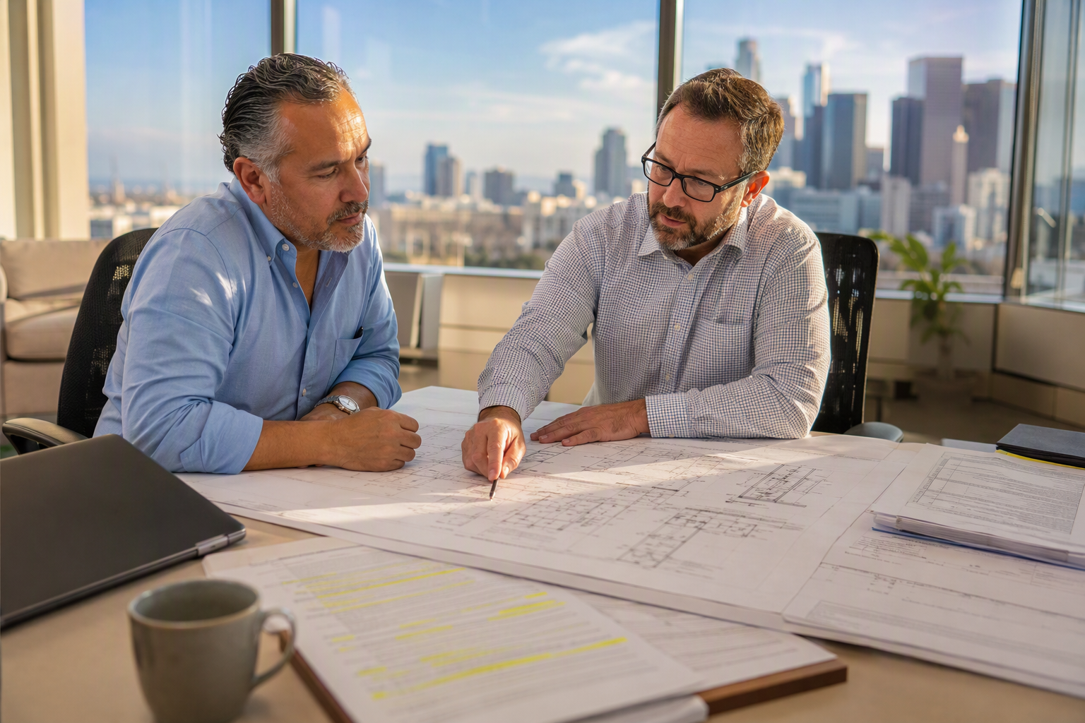 California Healthcare Elevator Modernization Planning Facilities manager and elevator contractor reviewing Cal/OSHA permit-to-operate requirements and modernization plans for a California hospital elevator upgrade