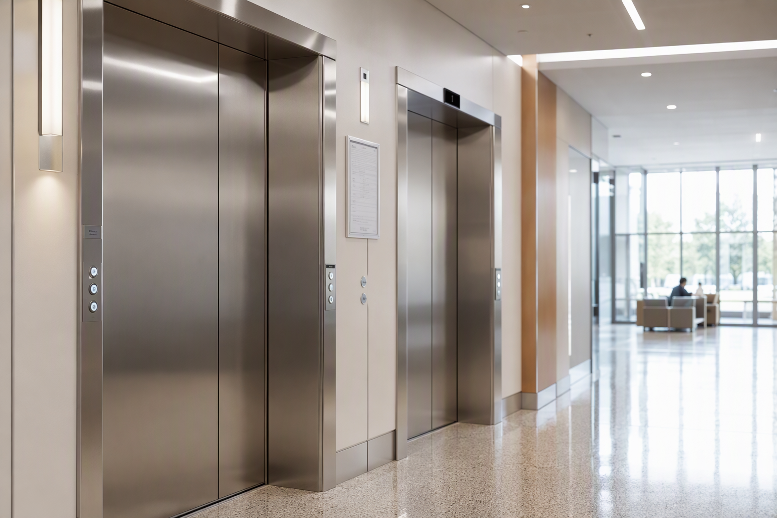 Hospital Elevator Compliance – Texas Healthcare Facility Hospital elevator with stainless-steel doors and compliance certificate in a Texas healthcare facility corridor, meeting ASME A17.1 and TDLR modernization requirements