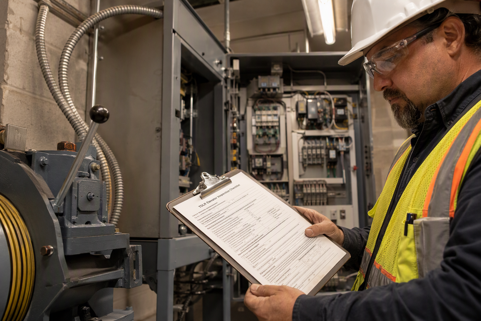 Licensed elevator inspector reviewing TDLR compliance checklist on clipboard inside a Houston hospital machine room with traction elevator controller in background