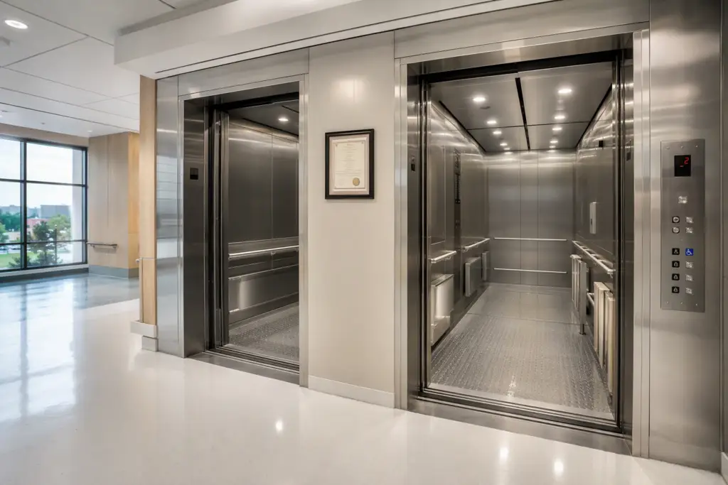 Hospital elevator lobby in Texas showing ADA-compliant stainless-steel cabs with gurney rails, Braille controls, and TDLR Certificate of Compliance on the wall