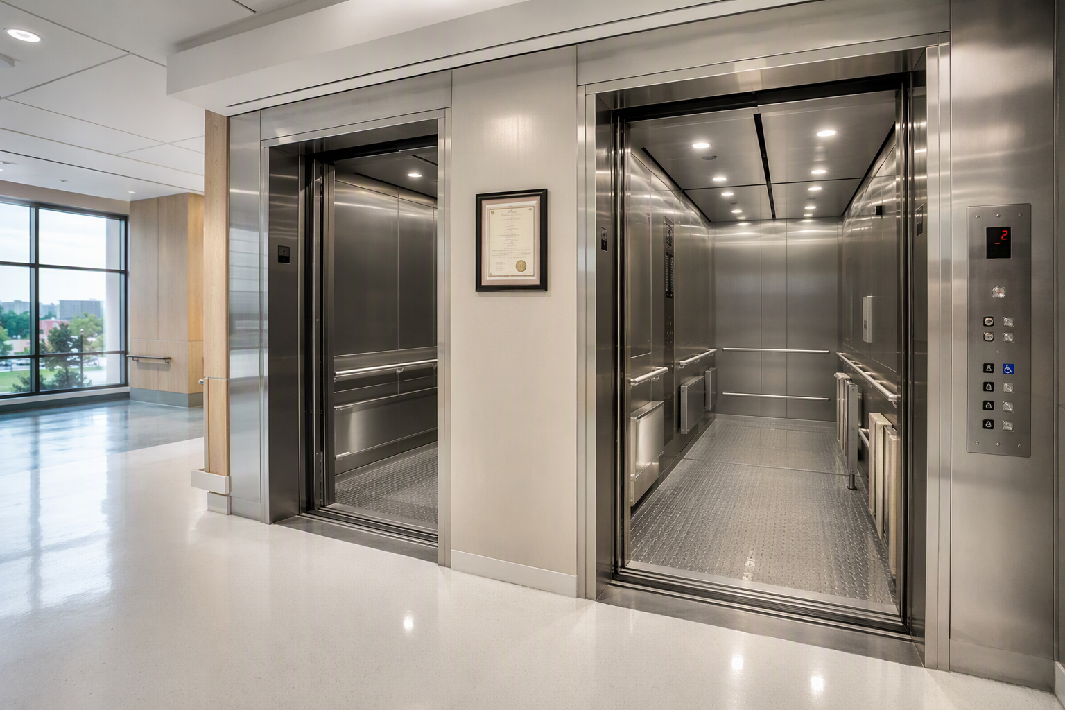 Hospital elevator lobby in Texas showing ADA-compliant stainless-steel cabs with gurney rails, Braille controls, and TDLR Certificate of Compliance on the wall
