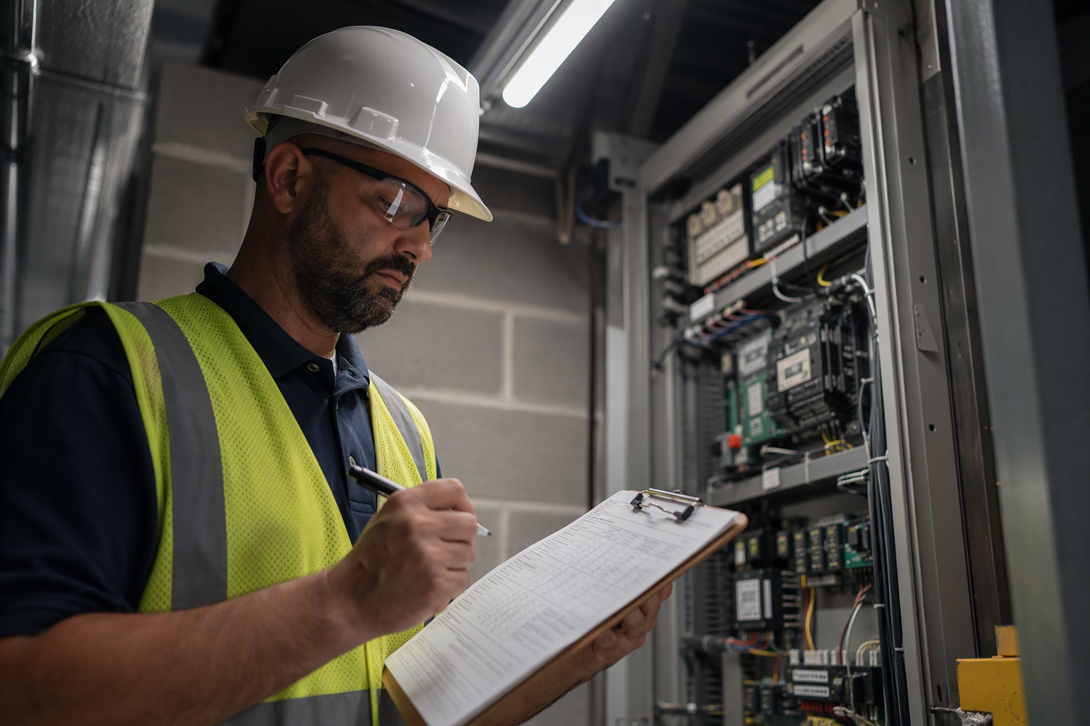 Licensed TDLR-registered elevator inspector reviewing an annual inspection checklist inside a school building machine room in Texas, with a traction elevator controller visible in the background.