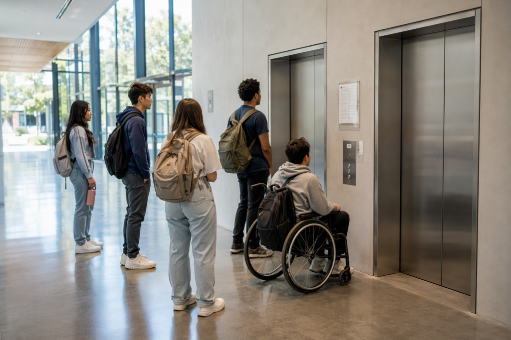 University campus elevator lobby in Texas showing ADA-compliant stainless-steel elevator doors, tactile keypads, and a TDLR Certificate of Compliance posted on the wall beside the cab.