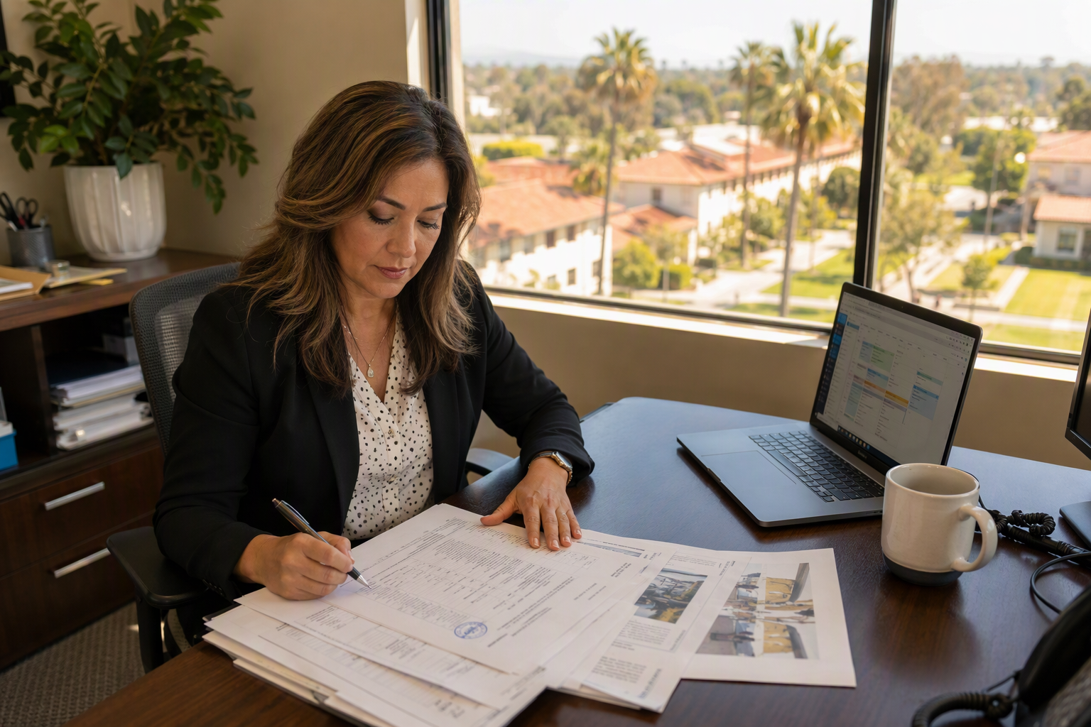 California community college facilities manager reviewing Cal/OSHA elevator permit-to-operate documents at her desk in a San Diego campus office, with a palm-tree campus exterior visible through the w