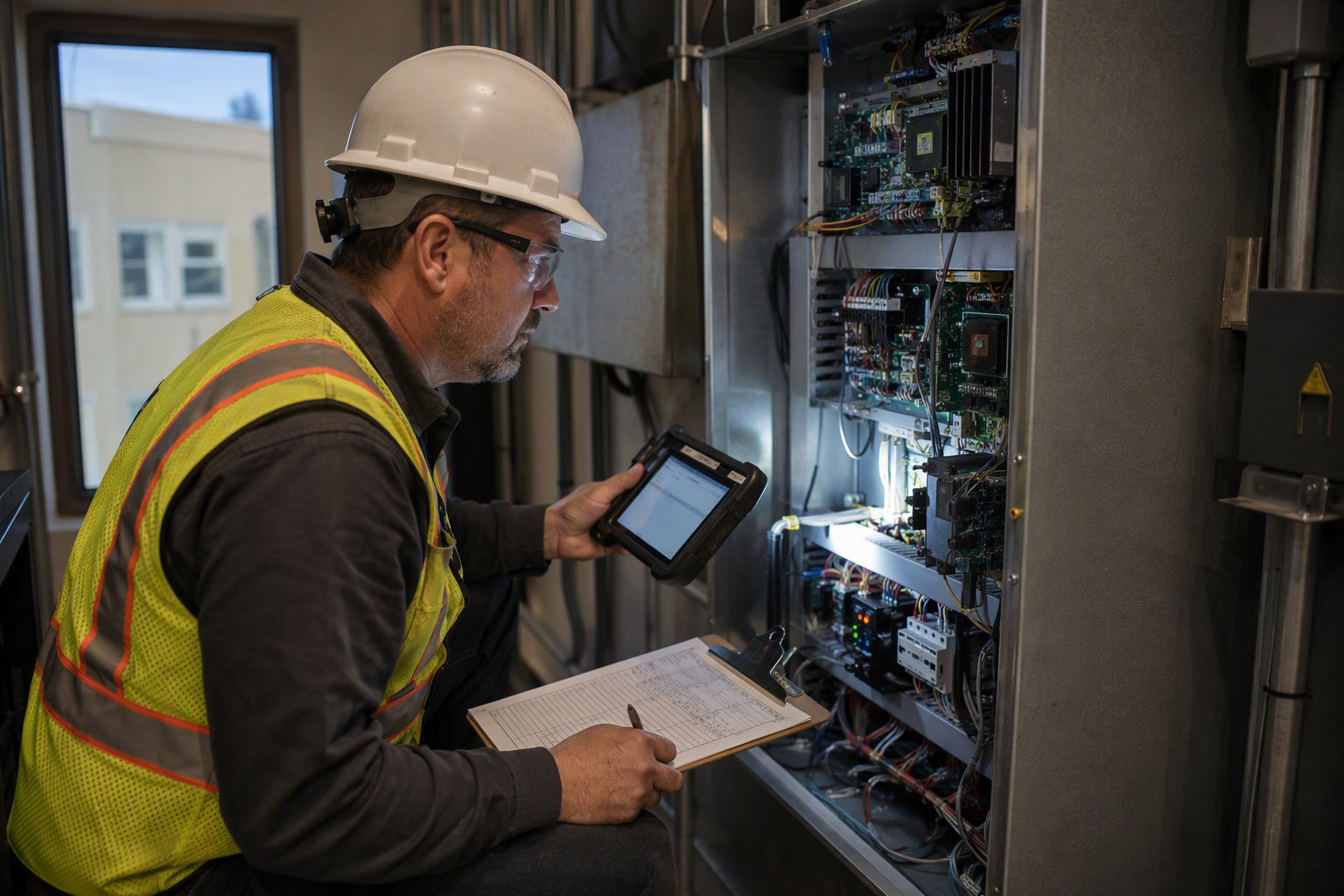 Licensed elevator inspector examining a machine-room controller in a California school building, reflecting Cal/OSHA annual inspection requirements for campus elevators.